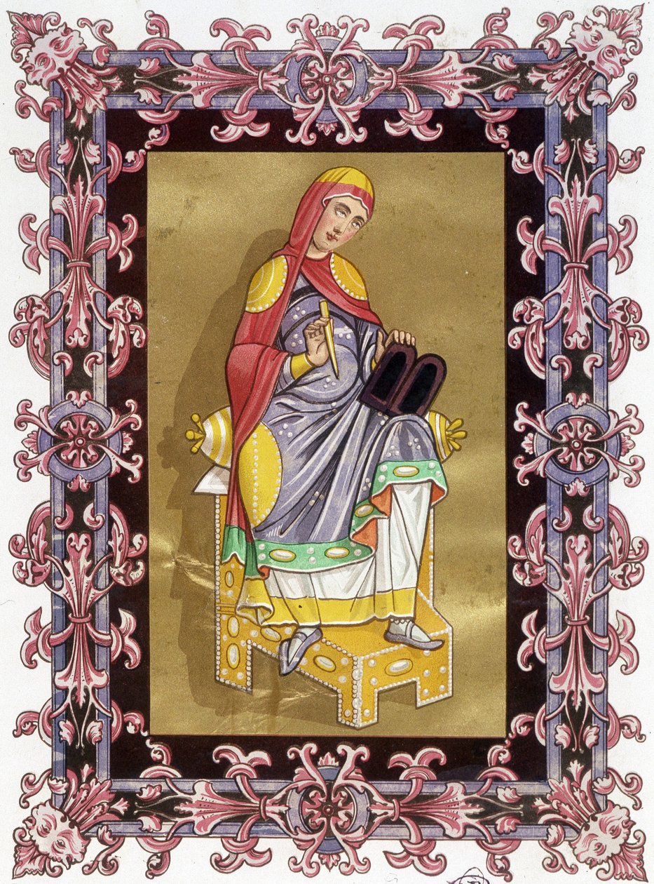 Radegonda (ca. 520 - 587), regina di Francia, moglie di Clotario I. Cromolitografia del XIX secolo basata su un