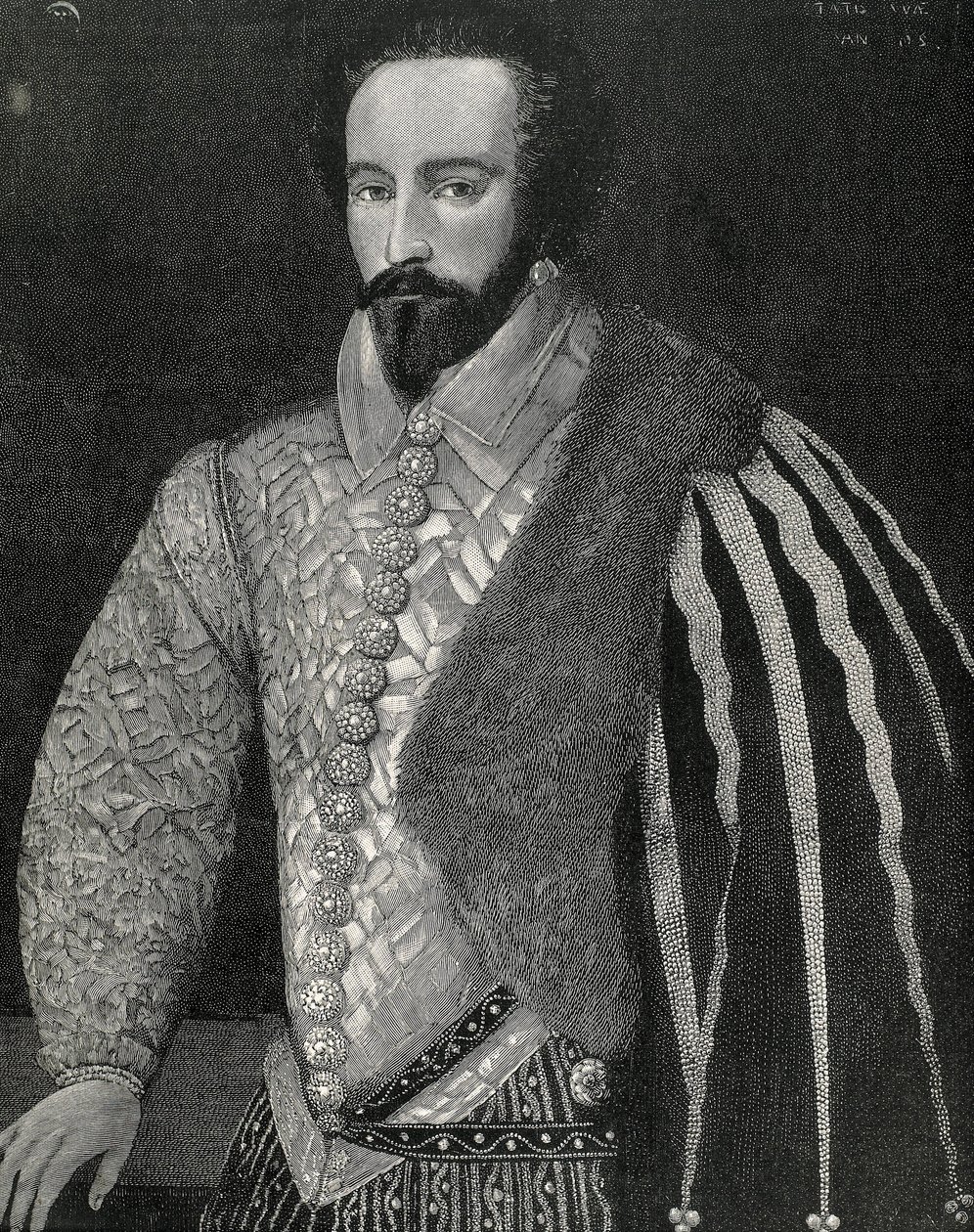 Sir Walter Raleigh (1554-1618). Marinaio, esploratore e broker inglese. Ritratto di Sir Walter Raleigh. Inciso nel 1891, eseguito dopo un originale anonimo conservato alla National Portrait Gallery di Londra. Incisione da Unknown artist