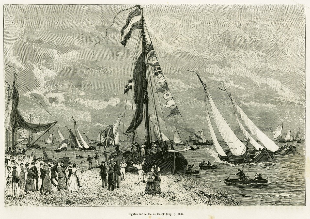 Regate sul lago Sneek (Paesi Bassi). Incisione per illustrare la storia La Frise, basata su un rapporto di un giornale olandese, in le tour du monde 1886, diretta da Edouard Charton (1807-1890), Hachette, Parigi. da Unknown artist