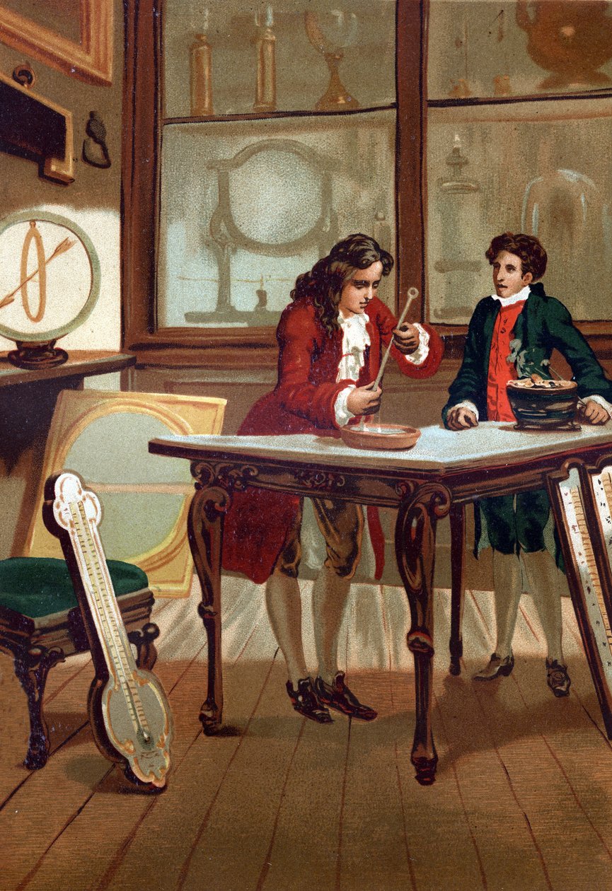 René Antoine Ferchault de Réaumur (1683-1757), chimico e fisico francese, costruisce il suo termometro nel 1730. Da "La Ciencia y sus Hombres" di Louis Figuier, Barcellona 1881 da Unknown artist