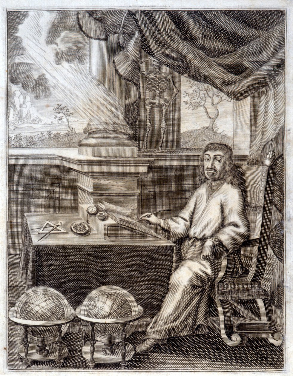 René Descartes (1596 - 1650) nel suo ufficio con attrezzature scientifiche. Incisione del XVII secolo da Unknown artist