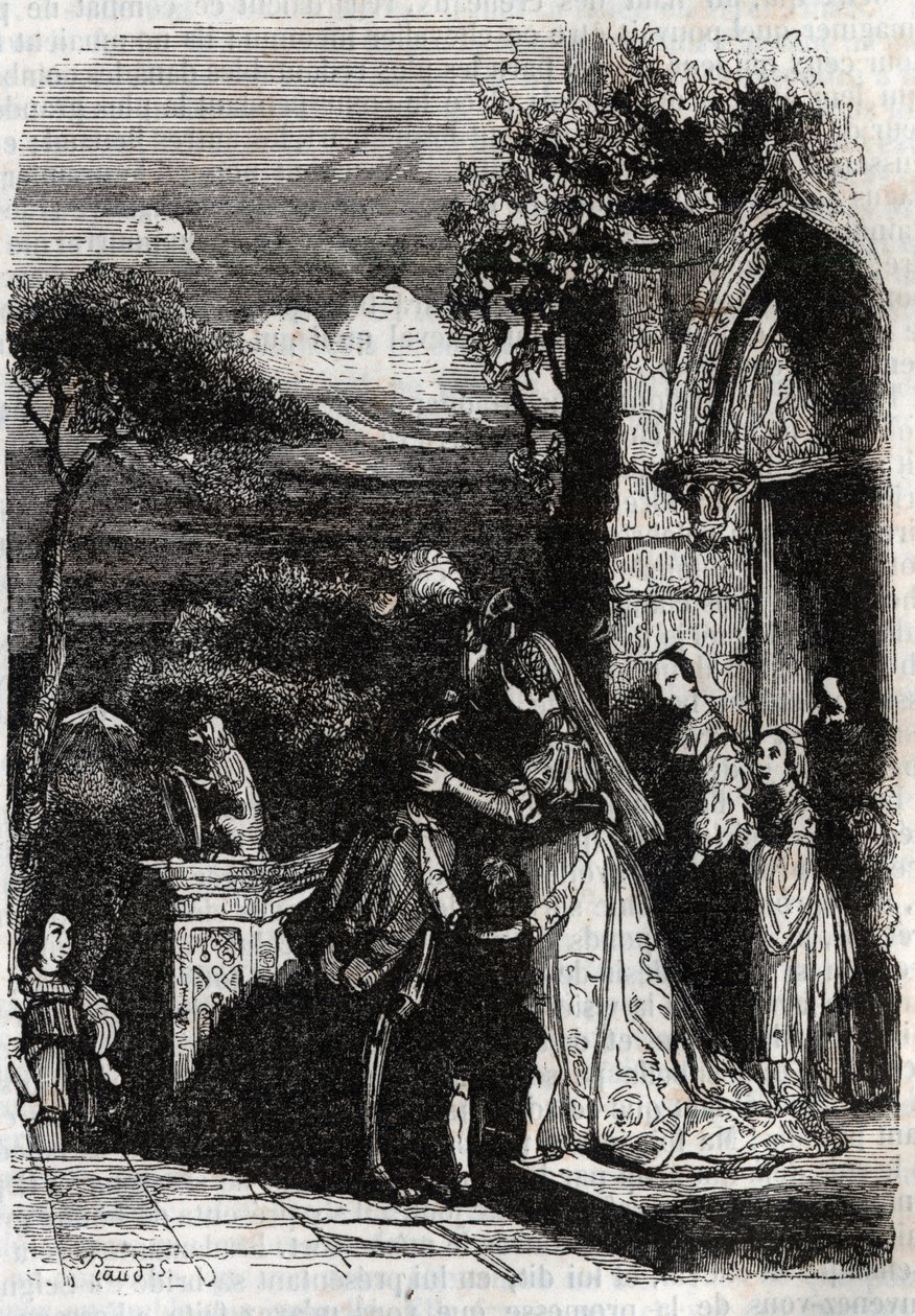 Renaud che ritorna alla sua famiglia - incisione del 1851 da "Orlando Furioso" da Unknown artist
