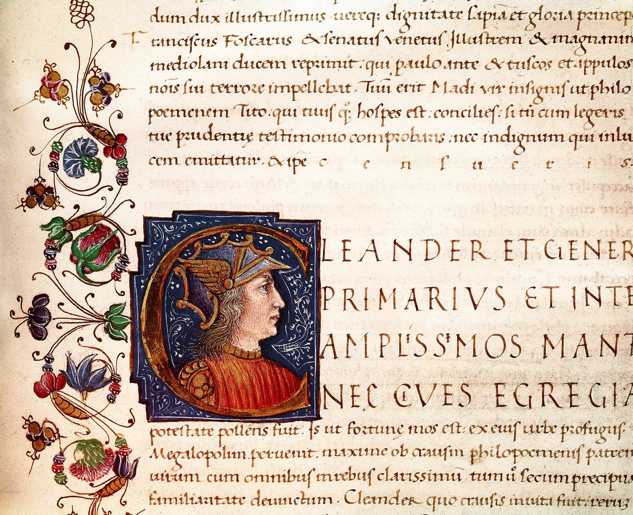 Rappresentazione di Alessandro Magno (356-323 a.C.) re di Macedonia. Miniatura tratta da "Paralleli degli uomini illustri" di Plutarco (46-125 d.C.) XV secolo. Cesena, Biblioteca Malatestiana da Unknown artist