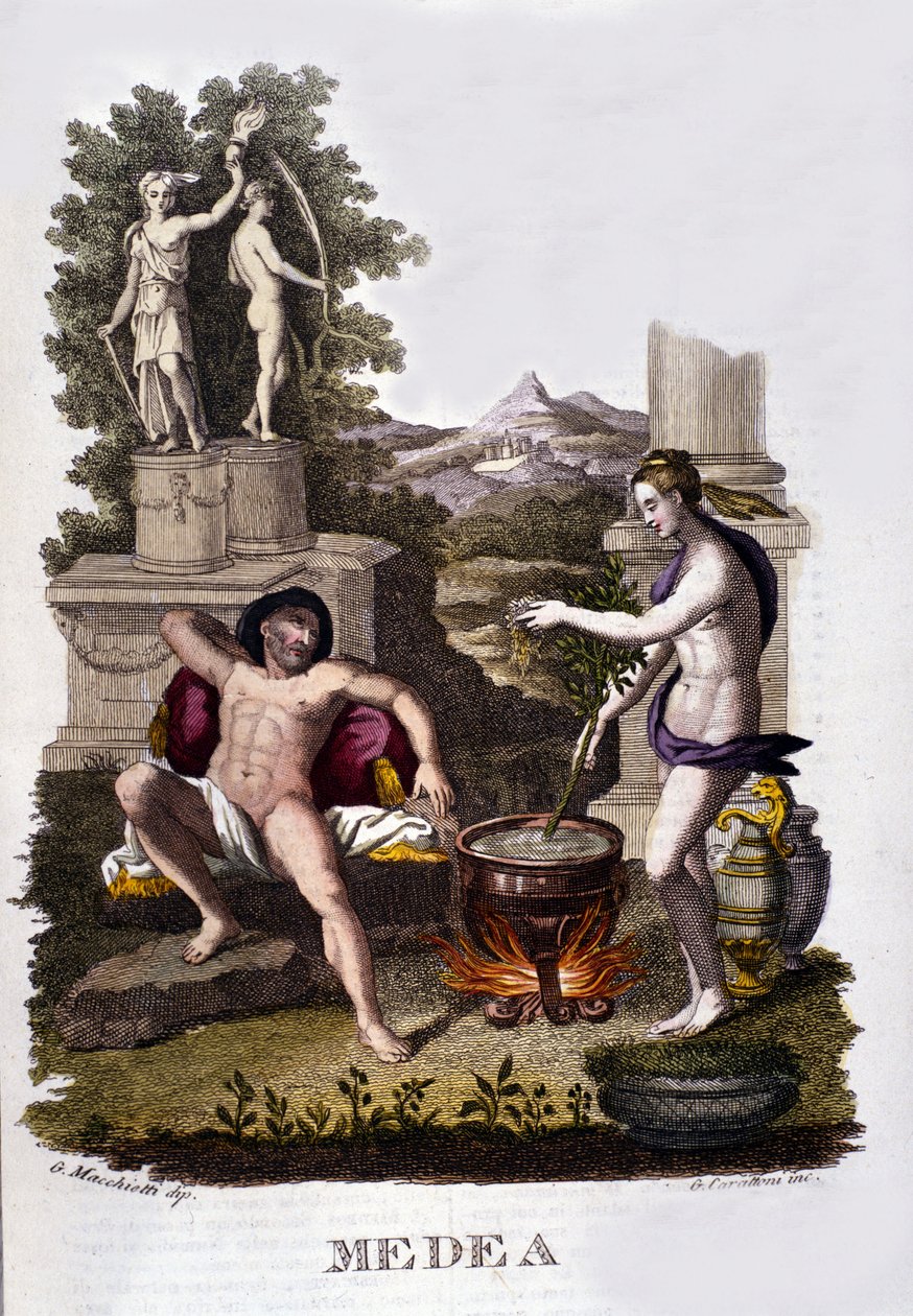 Rappresentazione di Medea che prepara le sue maledizioni dopo il ciclo degli Argonauti. Incisione del 19° secolo. da Unknown artist