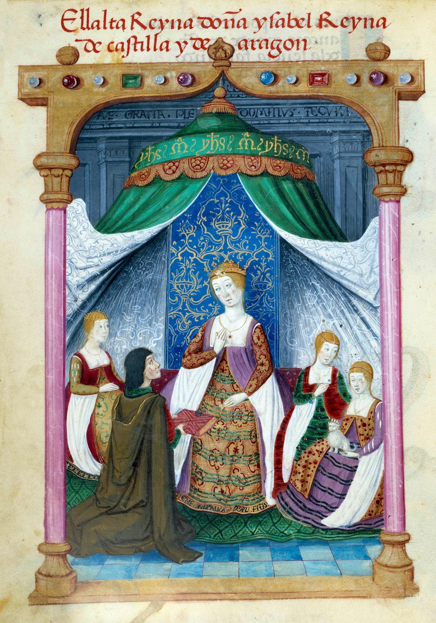Rappresentazione della regina Isabella del Portogallo circondata dai suoi compagni e Pedro Marcuello che le offre il suo libro da Unknown artist