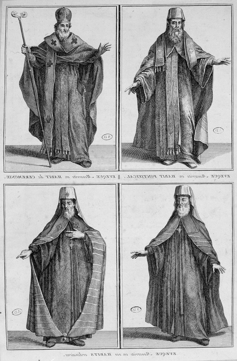 Rappresentazione di un vescovo di Mosca in abito ordinario e cerimoniale. Incisione da Unknown artist