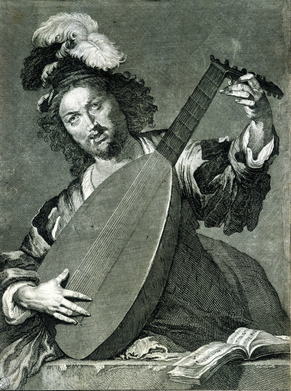 Rappresentazione di un suonatore di liuto che accorda il suo strumento. da Unknown artist