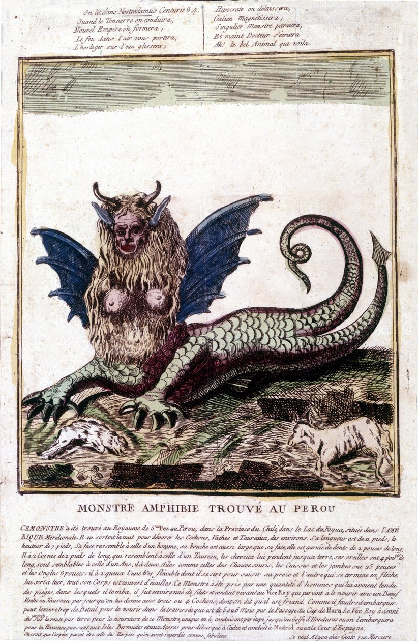 Rappresentazione di un mostro trovato in un lago del Perù: ha un volto umano, corna, ali di drago, criniera di leone, corpo di rettile, seno di donna. Stampa popolare del XVIII secolo da Unknown artist