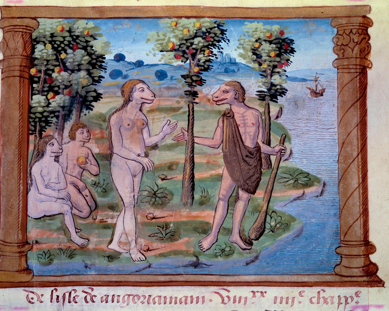 Rappresentazione di creature mostruose con corpo umano e testa di cane. Miniatura tratta da "Storia dei Mongoli chiamati da noi Tartari, descrizione di costumi, geografia, storia e figure prominenti del popolo mongolo" da Unknown artist