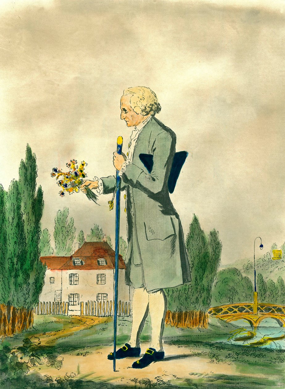 Rappresentazione del filosofo svizzero Jean Jacques Rousseau (1712-1778) che raccoglie fiori a Ermenonville. Incisione del XVIII secolo. Collezione privata da Unknown artist