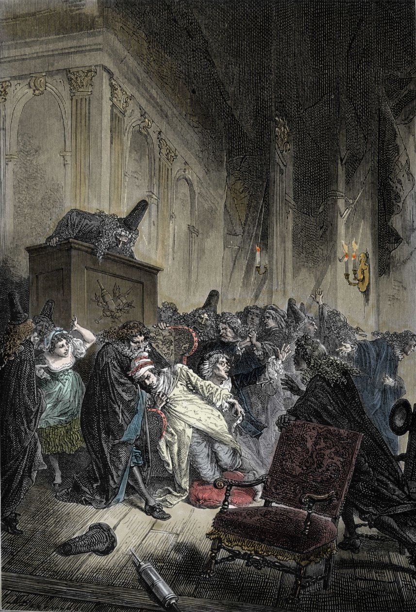 Rappresentazione della morte di Jean-Baptiste Poquelin, detto Molière, per congestione polmonare durante una rappresentazione de "Il malato immaginario" il 17/02/1673 da Unknown artist