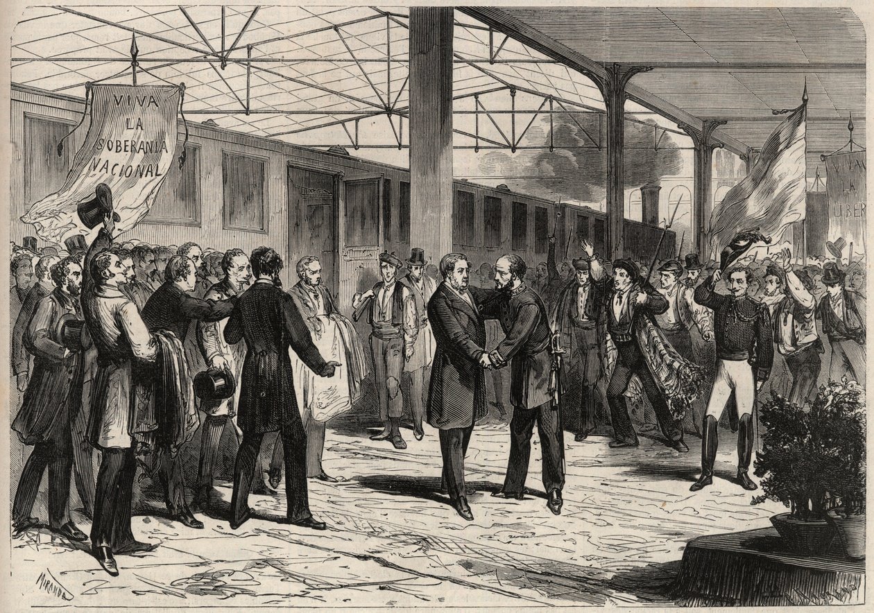 Rivoluzione di settembre 1868 in Spagna (Gloriosa): arrivo di Salustiano Olozaga (1805-1873) a Madrid. Incisione in "L