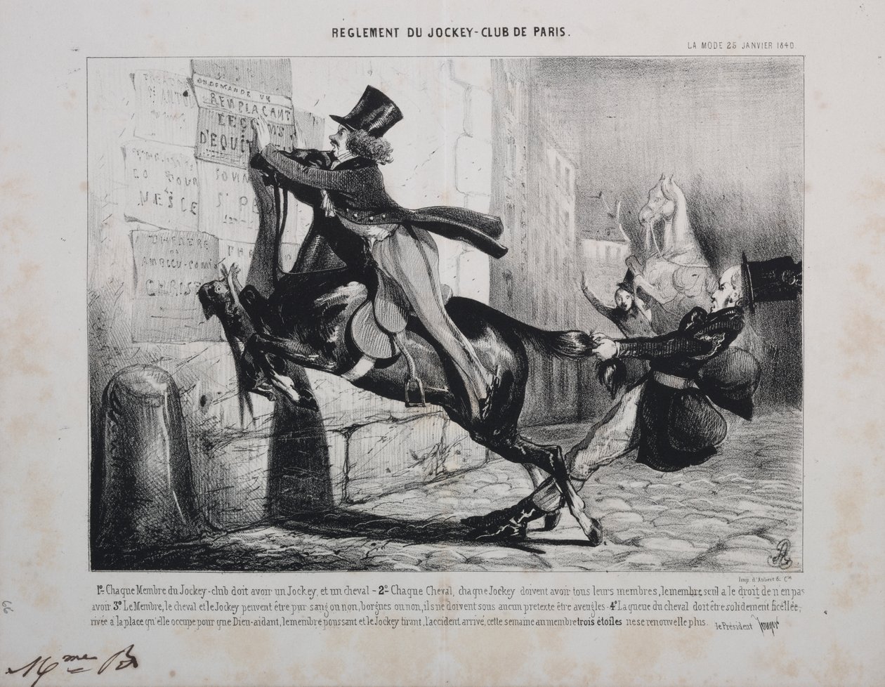 Réglement du Jockey Club de Paris: Chaque membre du Jockey Club doit avoir un Jockey, et un cheval... da Unknown artist