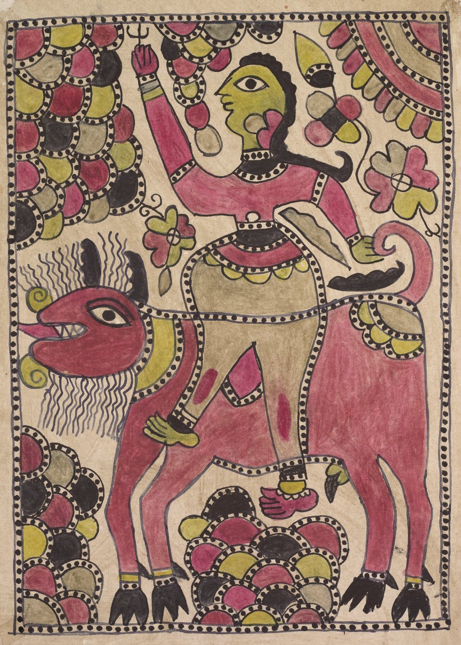 Cavaliere e creatura bovina quadrupede in palette malva, chartreuse e nero da Unknown artist