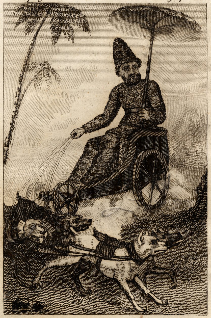 Robinson Crusoe sul suo carro trainato da sei cani, incisione inserita in 