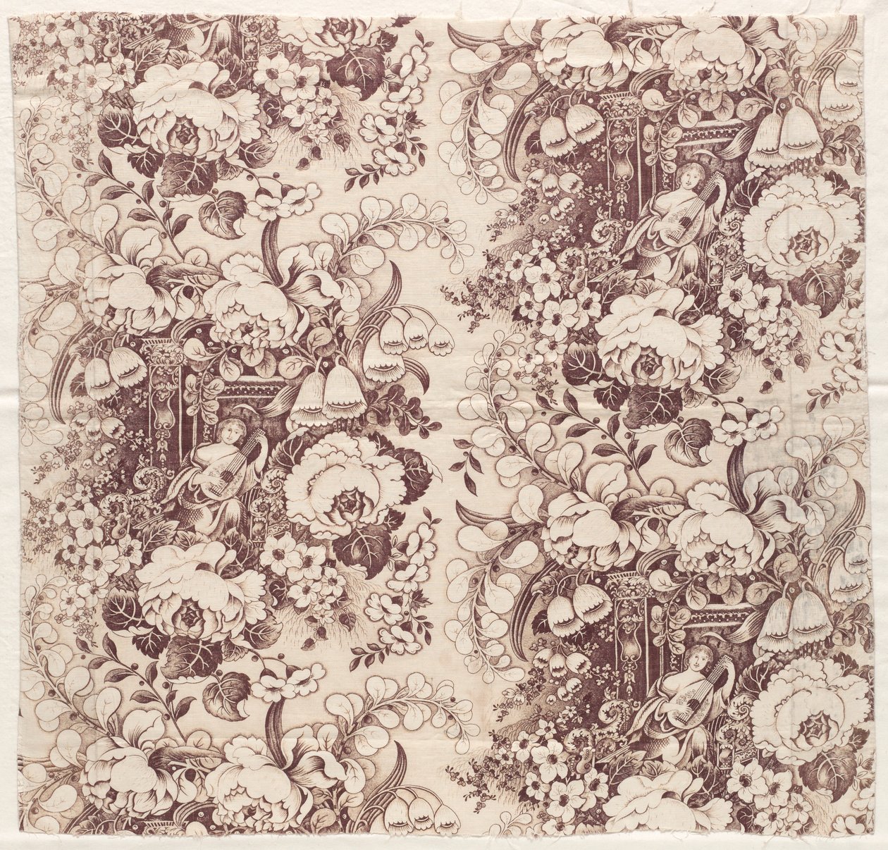 Cotone stampato a rullo con disegno di donna che suona un liuto da Unknown artist
