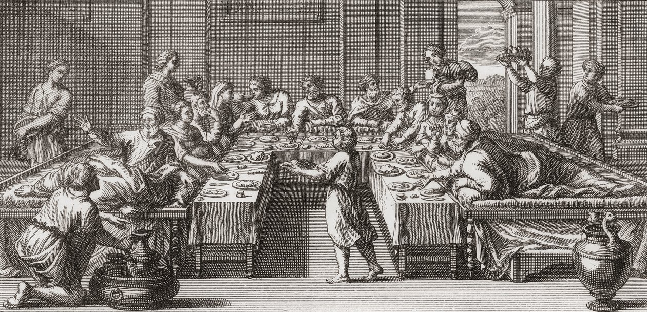 Triclinio romano, o sala da pranzo, con tavolo e divani da Unknown artist