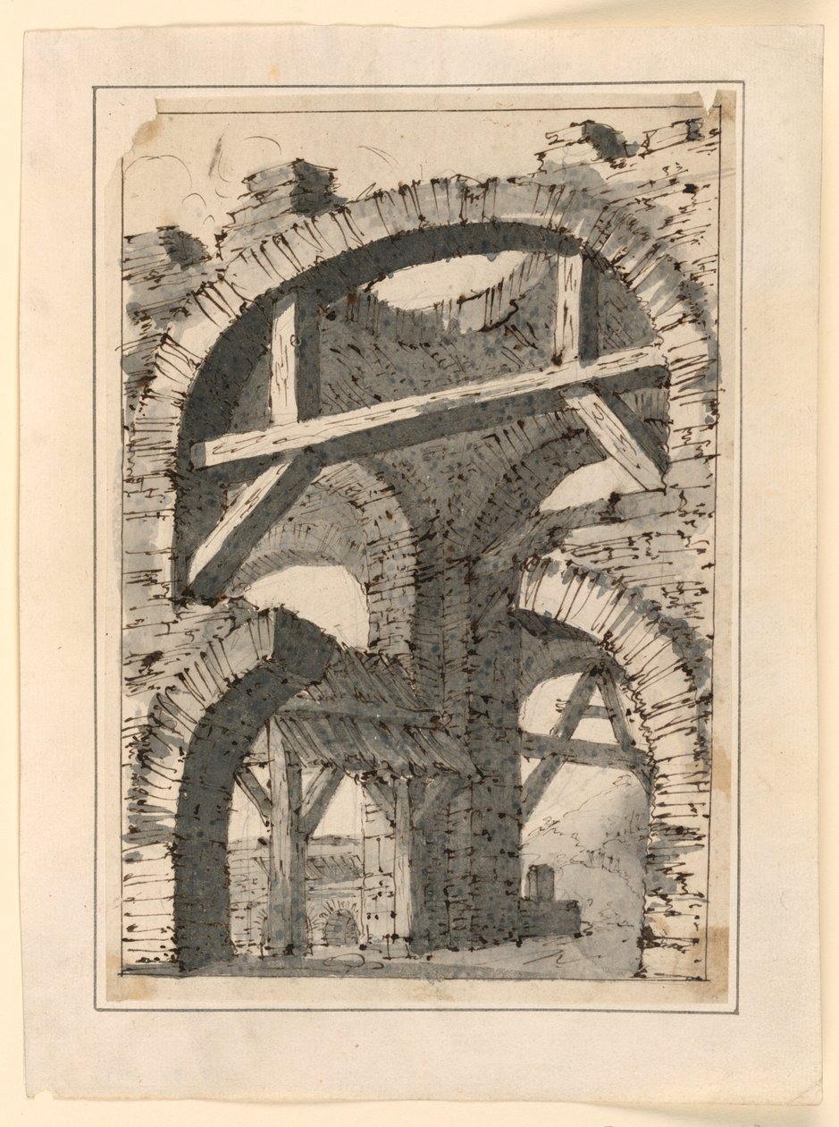 Archi di pietra grezza rinforzati da travi di legno da Unknown artist