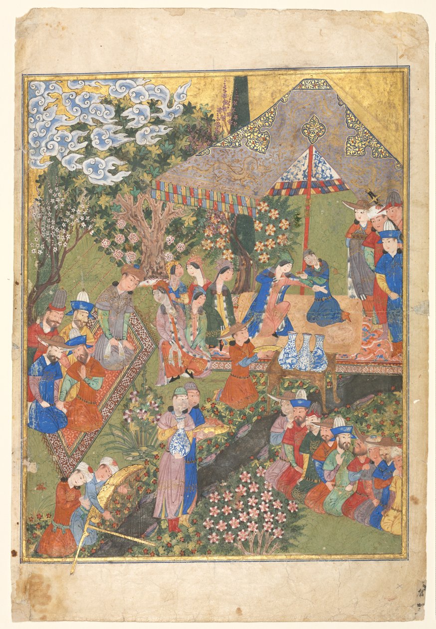 Ricevimento reale in un paesaggio, foglio destro di un frontespizio a doppia pagina di uno Shahnama (Libro dei Re) di Firdausi (940–1019 o 1025) da Unknown artist