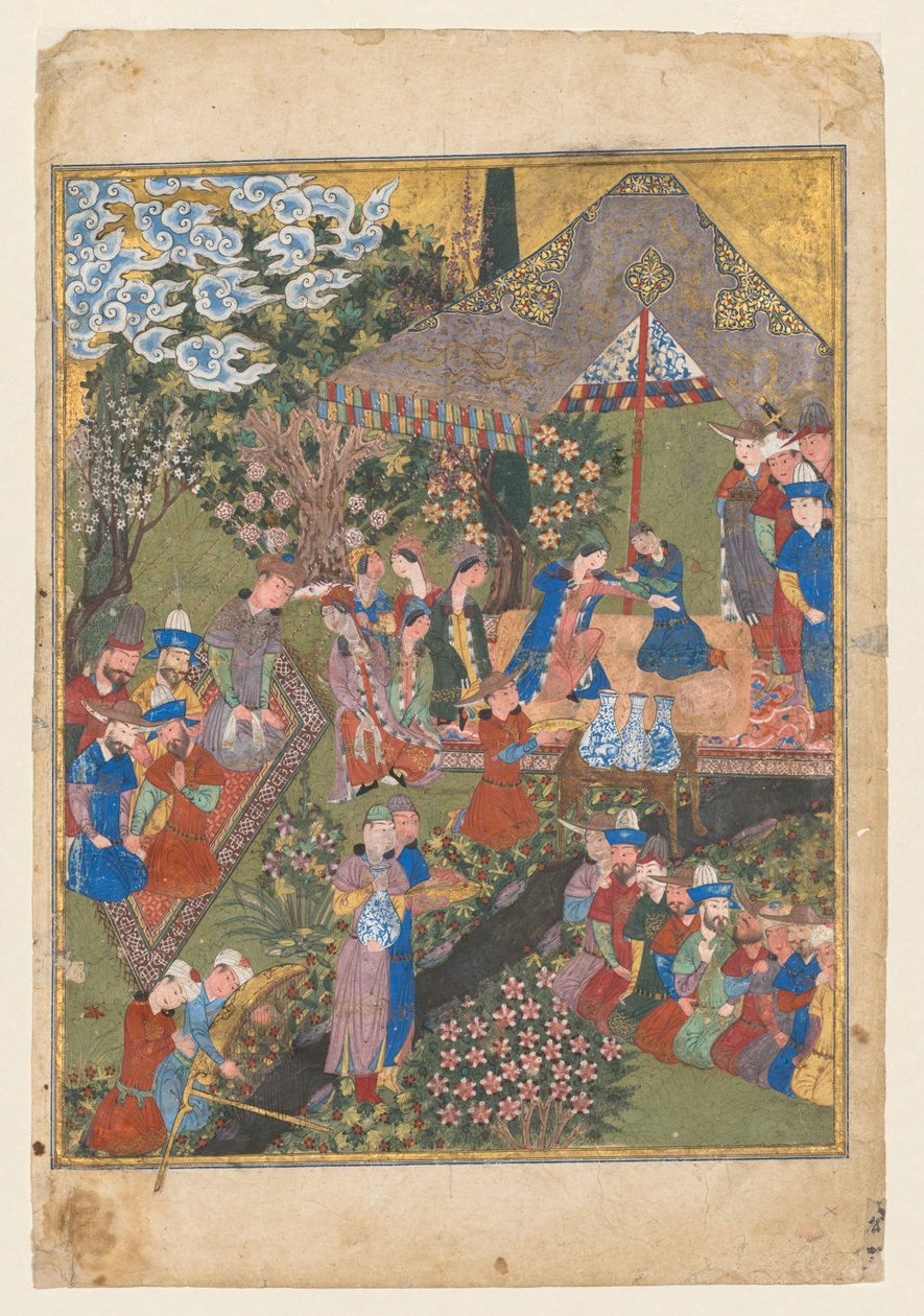 Ricevimento reale in un paesaggio, foglio destro del doppio frontespizio di uno Shahnama (Libro dei Re) di Firdausi (Persiano, circa 940–1019 o 1025) (verso) da Unknown artist