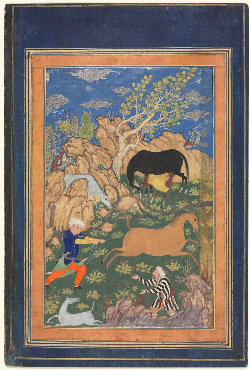 Rustam che cattura il suo cavallo, Rakhsh, in un paesaggio (recto) da Unknown artist