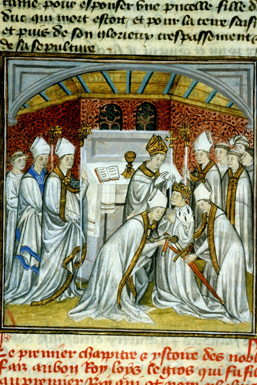 Incoronazione di Luigi VI (1108) - Illustrazione di manoscritto su pergamena del Medioevo “Grandi Cronache di Saint-Denis” fine XIV secolo da Unknown artist