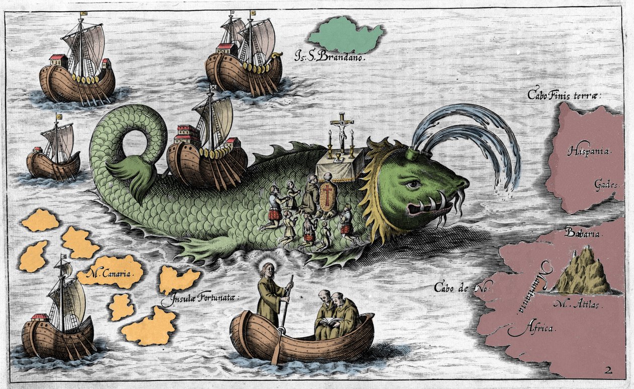 San Brandano, eroe e santo irlandese del VI secolo, rappresentato mentre celebra la Messa sul dorso della balena gigante Jasconius. La leggenda dice che la sua barca fu trasportata sul dorso di una balena. Incisione colorata del XVII secolo da Unknown artist