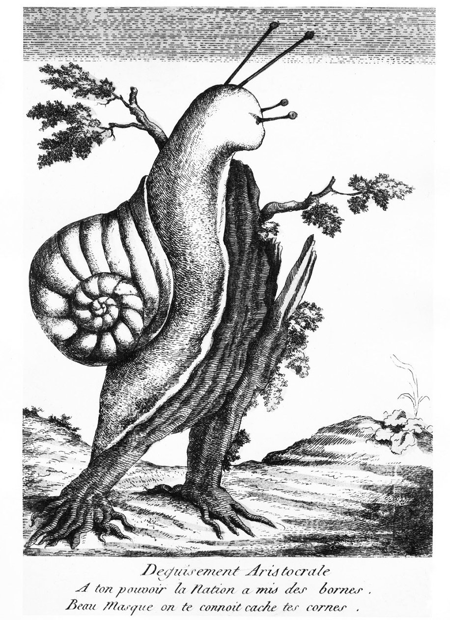 Disegno satirico: travestimento aristocratico (una lumaca su un ceppo): "Alla tua potenza la Nazione ha posto i confini, bella maschera ti conosciamo, nascondi le tue corna" - 1790, Musée Carnavalet da Unknown artist