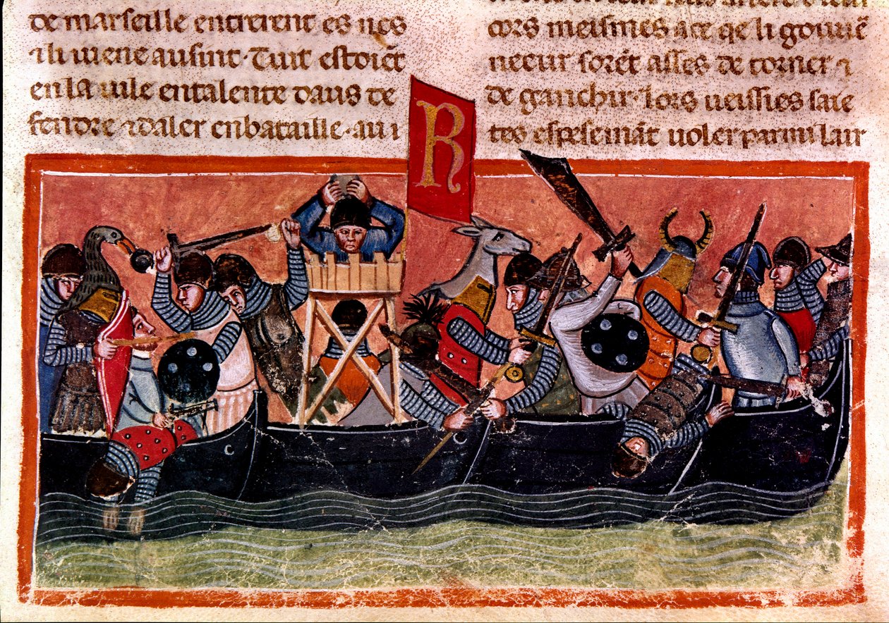 Scena di battaglia navale. Miniatura da un codice francese su pergamena Fatti dei Romani che racconta la storia antica fino a Giulio Cesare. XIII secolo Venezia, Biblioteca Marciana da Unknown artist