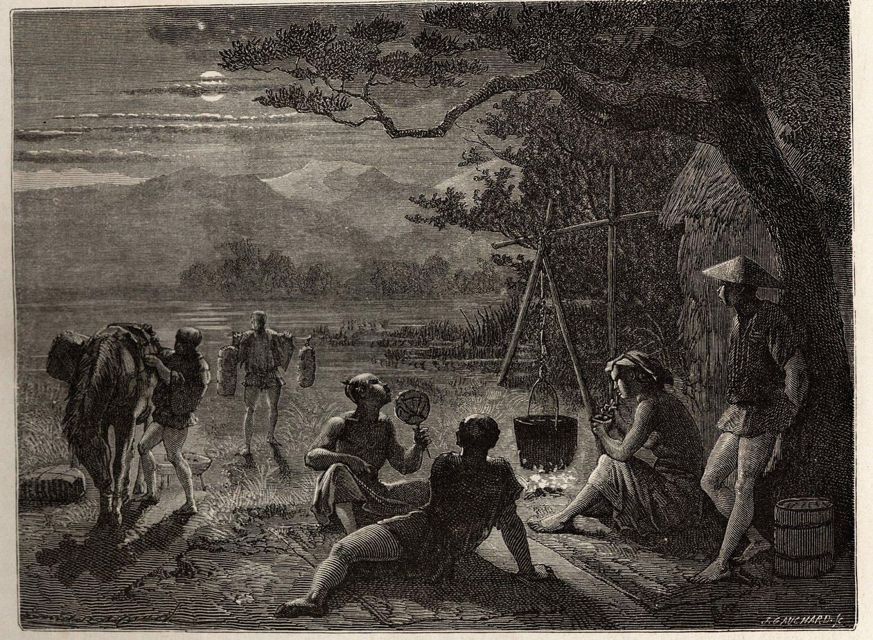 Scena di riposo del paese, al chiaro di luna, i tappeti sono eretti a terra dopo la giornata di lavoro. Incisione per illustrare il viaggio in Giappone nel 1863-1864, di Aime Humbert, ministro della Confederazione Svizzera, in "Le tour du monde, nouveau jo da Unknown artist