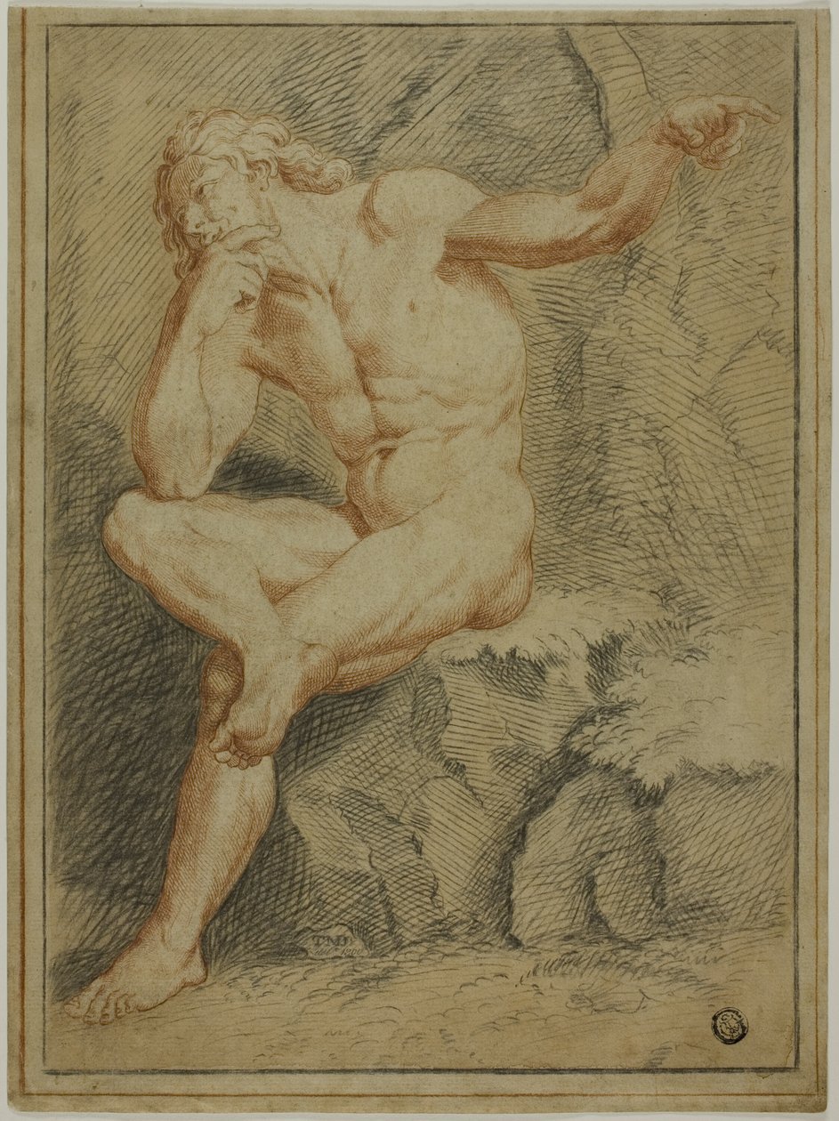 Nudo maschile seduto che indica con la mano sinistra da Unknown artist