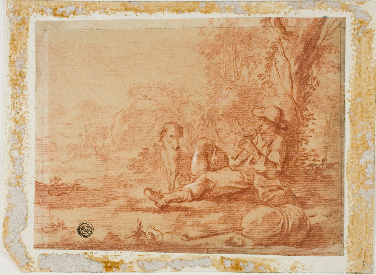 Pastore Seduto che Suona il Flauto Sotto un Albero da Unknown artist