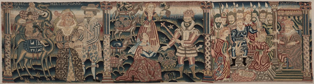 Sezione di un fregio ricamato: Rebecca che incontra Isacco, Abigail che incontra Davide con un dono, Il giudizio di Salomone da Unknown artist