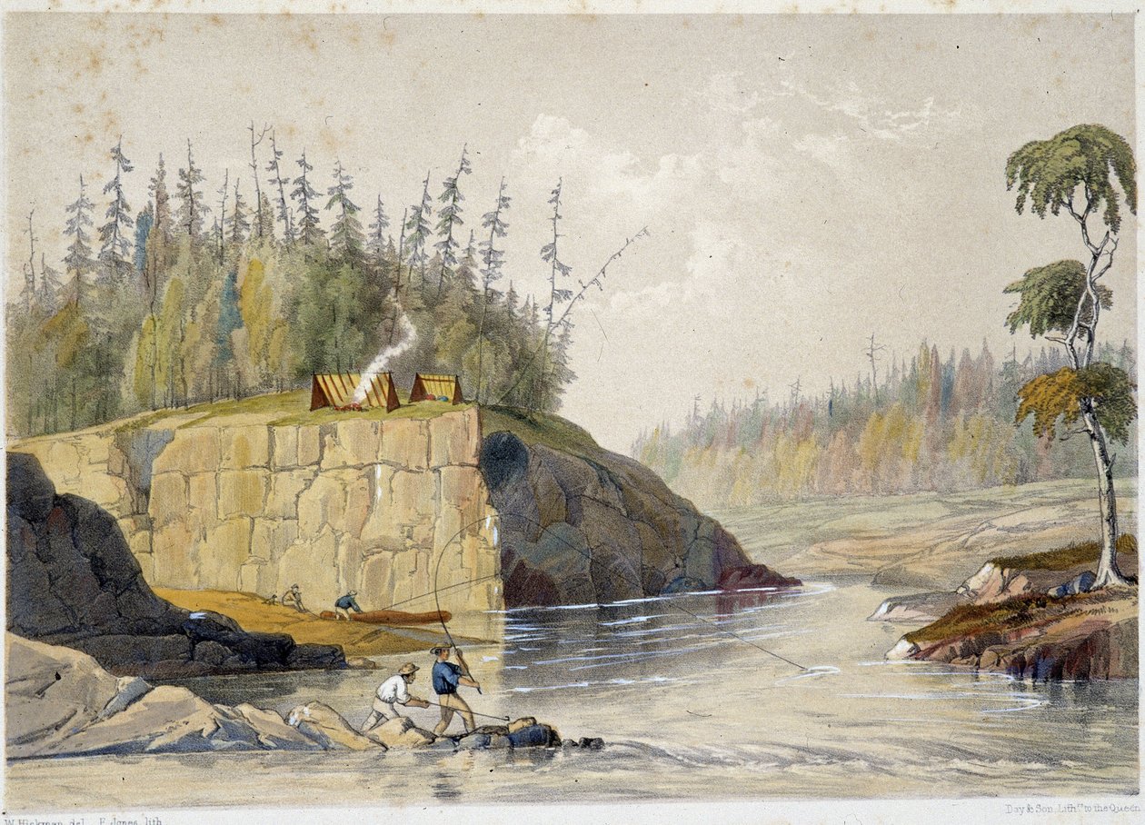 Coloni in Canada che pescano in un fiume - in "Schizzi sul nipisaguit, un fiume del New Brunswick in America" di William Hickman, ed. Halifax da Unknown artist