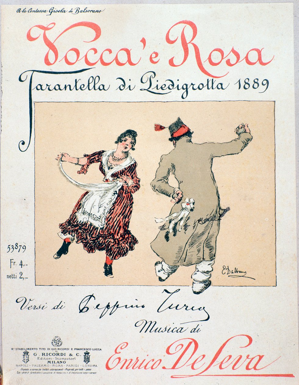 Copertina dello spartito della tarantella Vocca e Rosa di Enrico de Leva da Unknown artist
