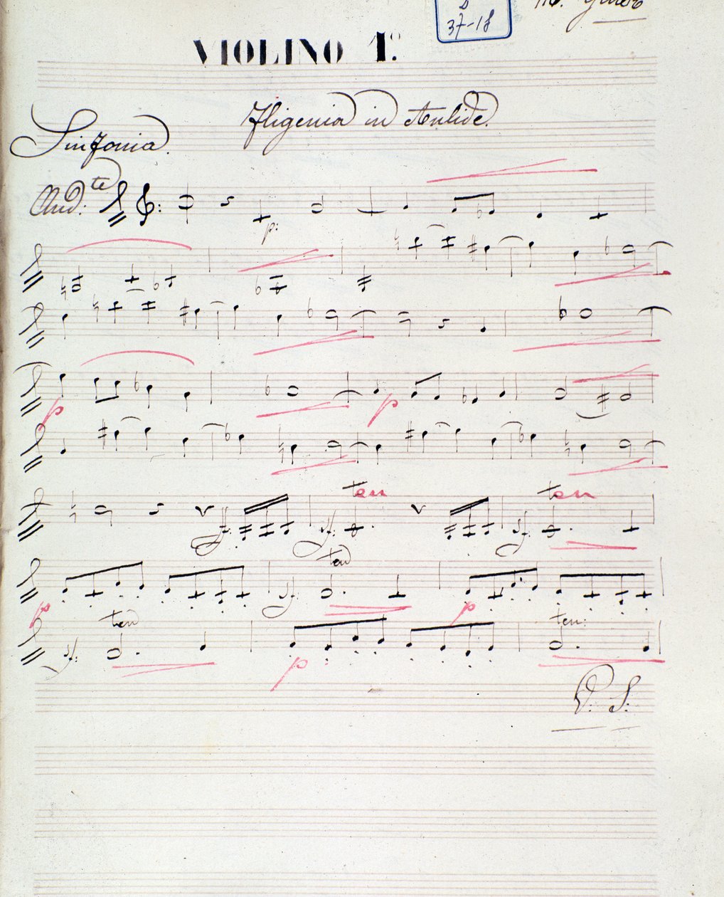 Pagina di spartito per il primo violino di Ifigenia in Aulide, opera di C. W. Gluck, c.1774 da Unknown artist