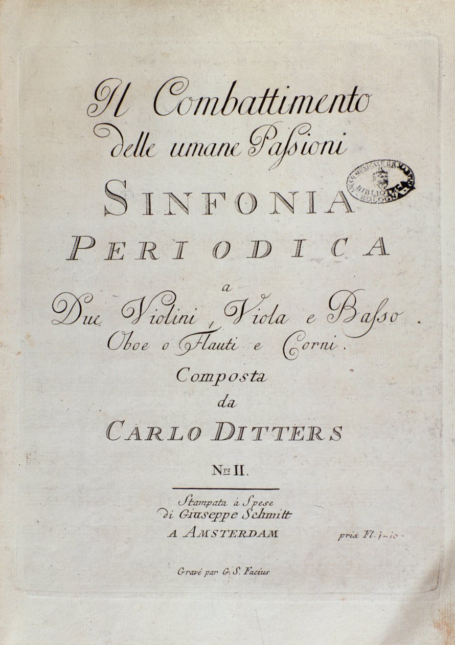 Pagina della partitura della Sinfonia Periodica (il Combattimento delle Passioni Umane) di Karl Ditters von Dittersdorf da Unknown artist