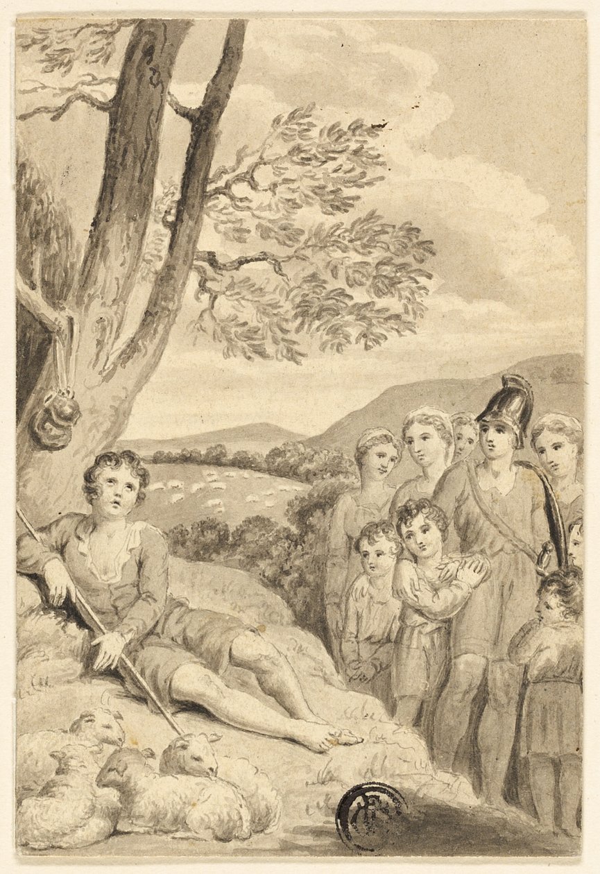 Pastorello con gregge, osservato da guerriero, donne e bambini da Unknown artist