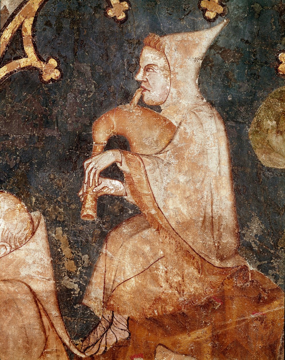 Pastore che soffia in una cornamusa Dettaglio. Affresco del XIV secolo. Da Olite (Navarra) Museo di Navarra, Pamplona da Unknown artist