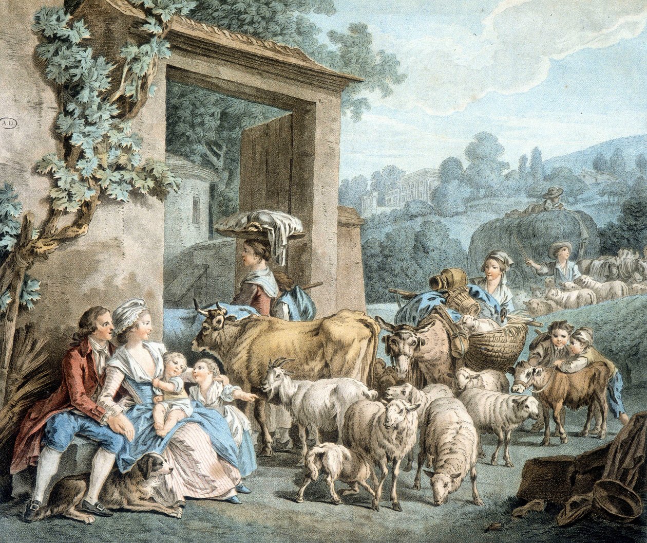 Pastori e gregge di pecore davanti a una fattoria da Unknown artist