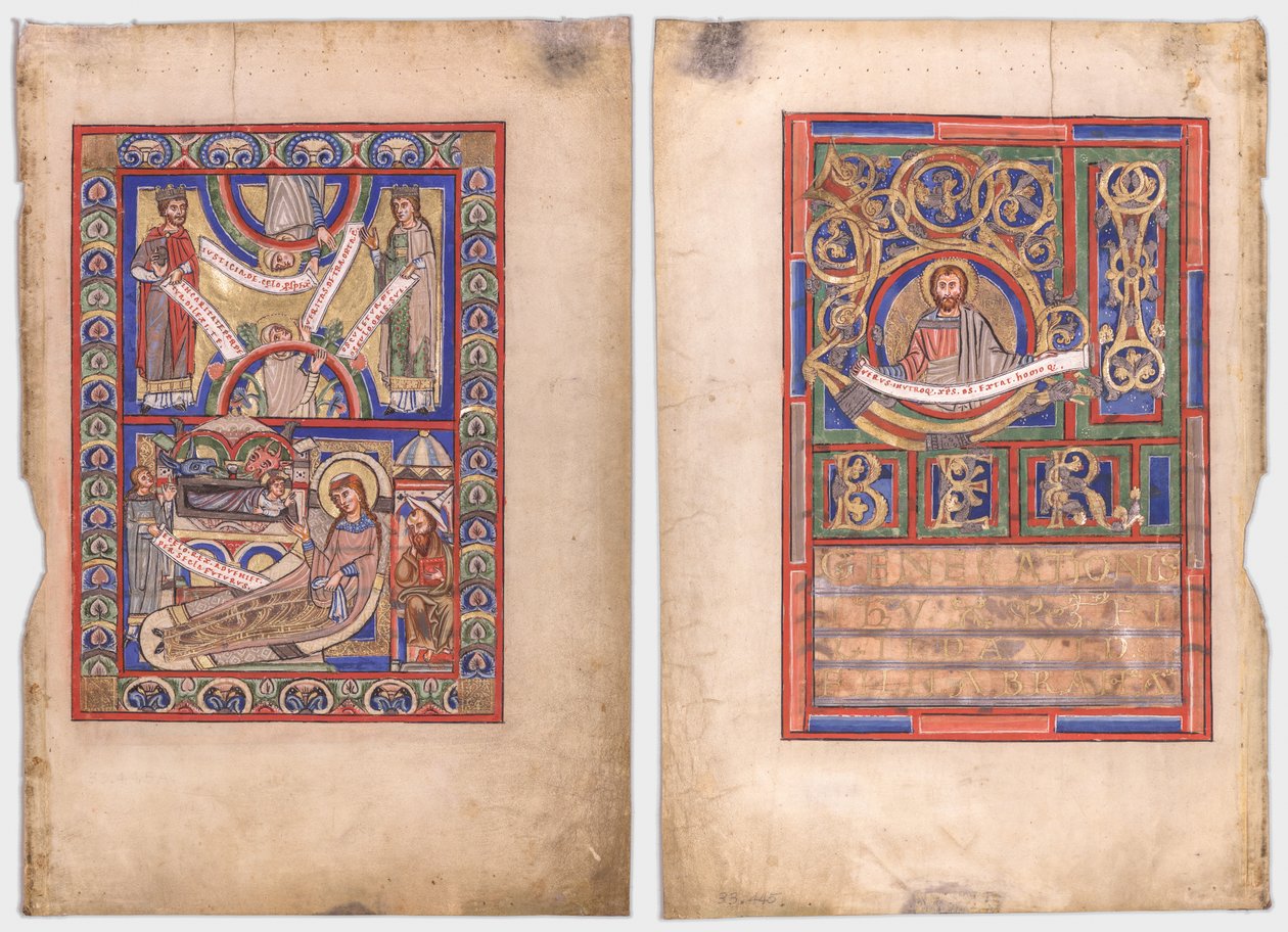 Foglio singolo estratto da un libro del Vangelo: La Natività (recto) e San Matteo (verso) da Unknown artist
