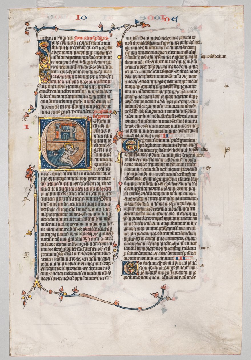 Foglio singolo di una Bibbia: Iniziale E[t factum est] con Giona inghiottito dalla balena da Unknown artist
