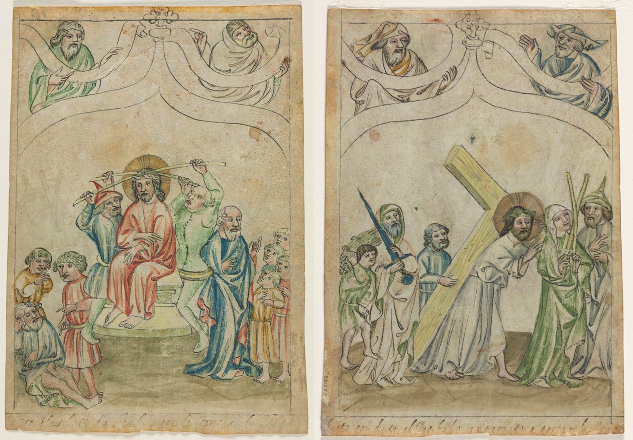 Foglio singolo da una "Biblia Pauperum": Cristo coronato di spine (recto) Cristo che porta la croce (verso) da Unknown artist