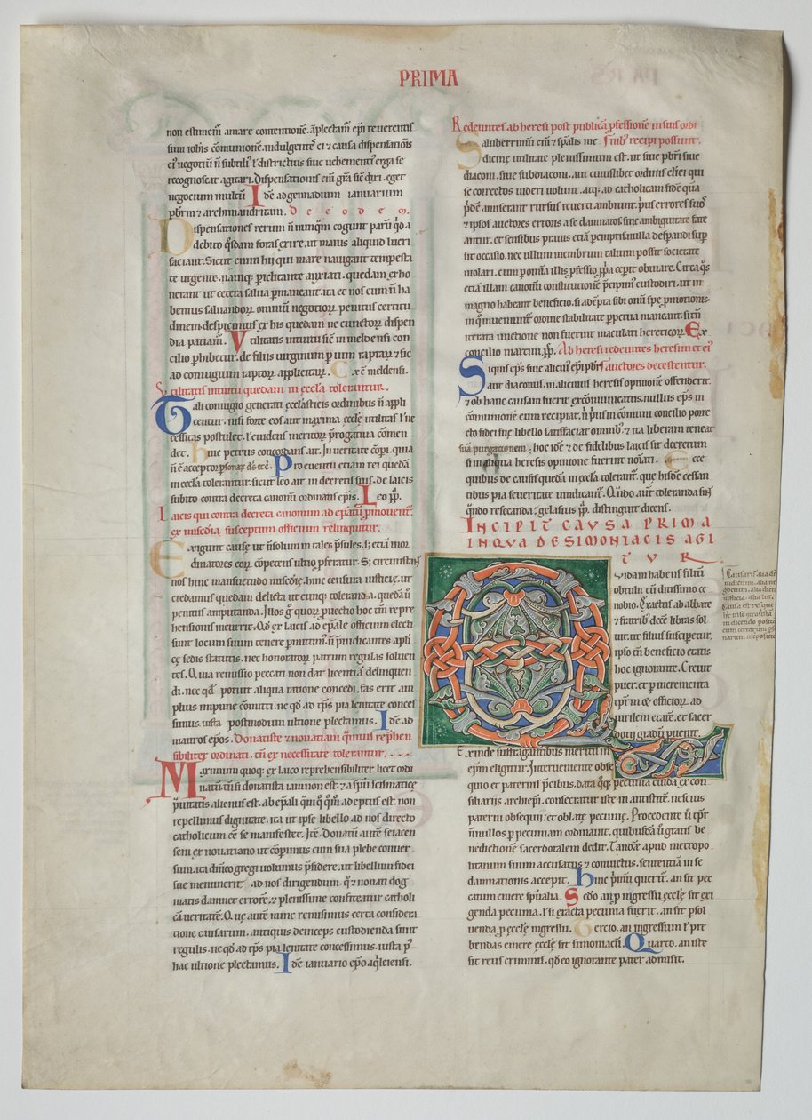 Foglia Singola da un Decretum di Graziano: Iniziale Decorata Q[uidam habens filium obtulit] e Arcata Quadrupla con Concordanza di Alfabeti Greci e Latini da Unknown artist