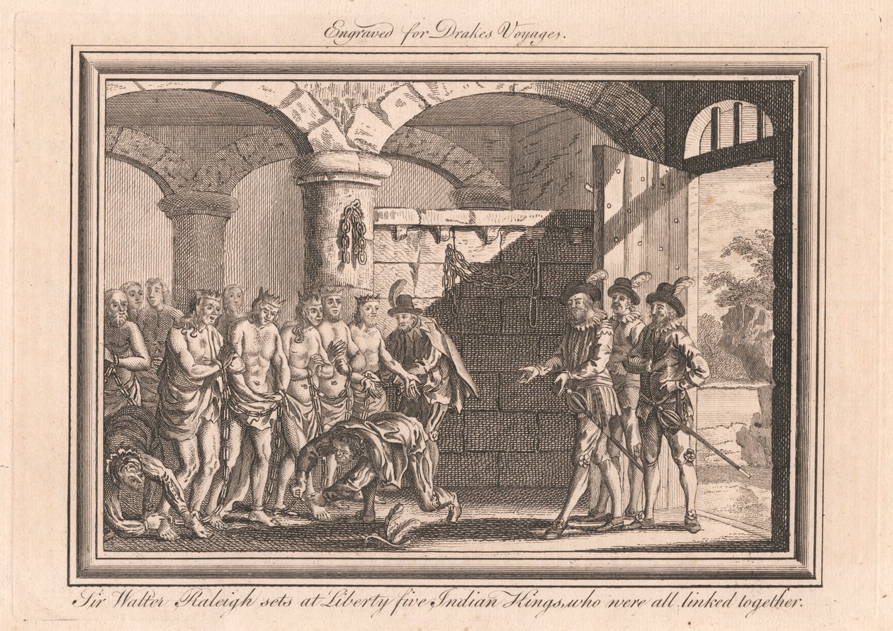 Sir Walter Raleigh libera cinque re indiani, che erano tutti legati insieme da Unknown artist