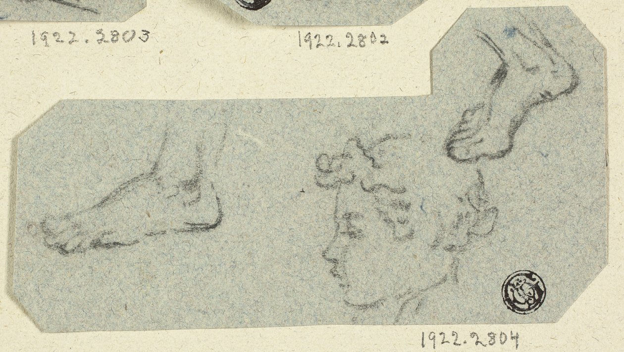 Schizzi di testa di ragazzo di profilo, piedi da Unknown artist