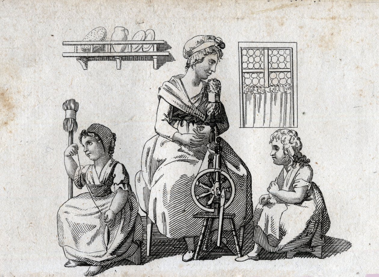 Filatura: madre e figlie che filano lana. La donna usa un filatoio e la figlia usa un fuso. Incisione della fine del XVIII secolo. Collezione privata da Unknown artist