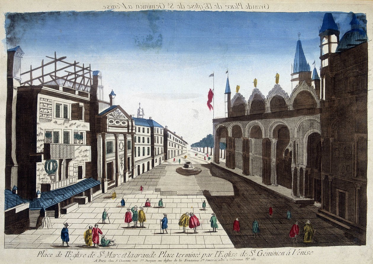 Piazza della Chiesa di San Marco e la Grande Piazza terminata dalla Chiesa di San Geminiano a Venezia. Incisione del XVIII secolo da Unknown artist