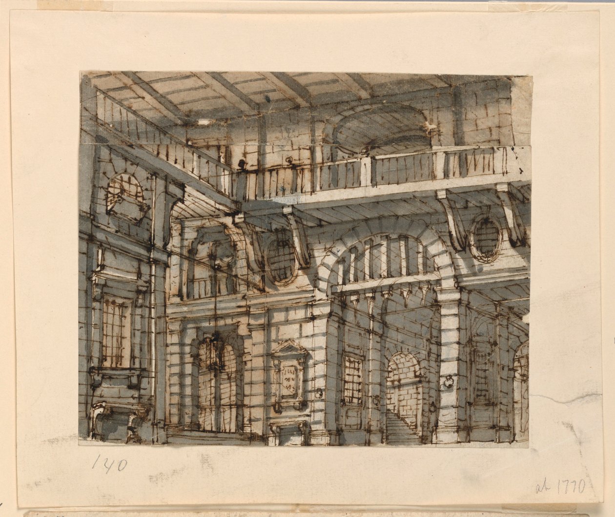 Scenografia, interno del cortile della prigione da Unknown artist