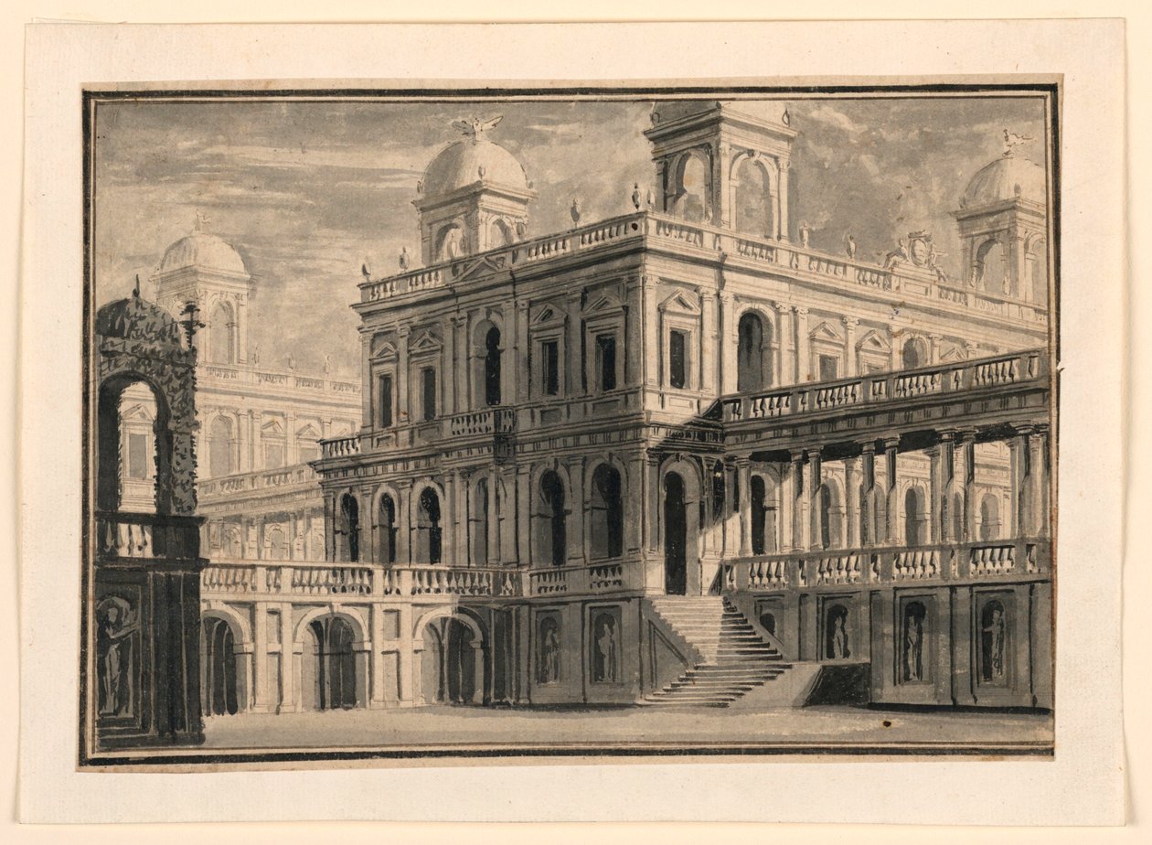 Scenografia, palazzo e portici dall